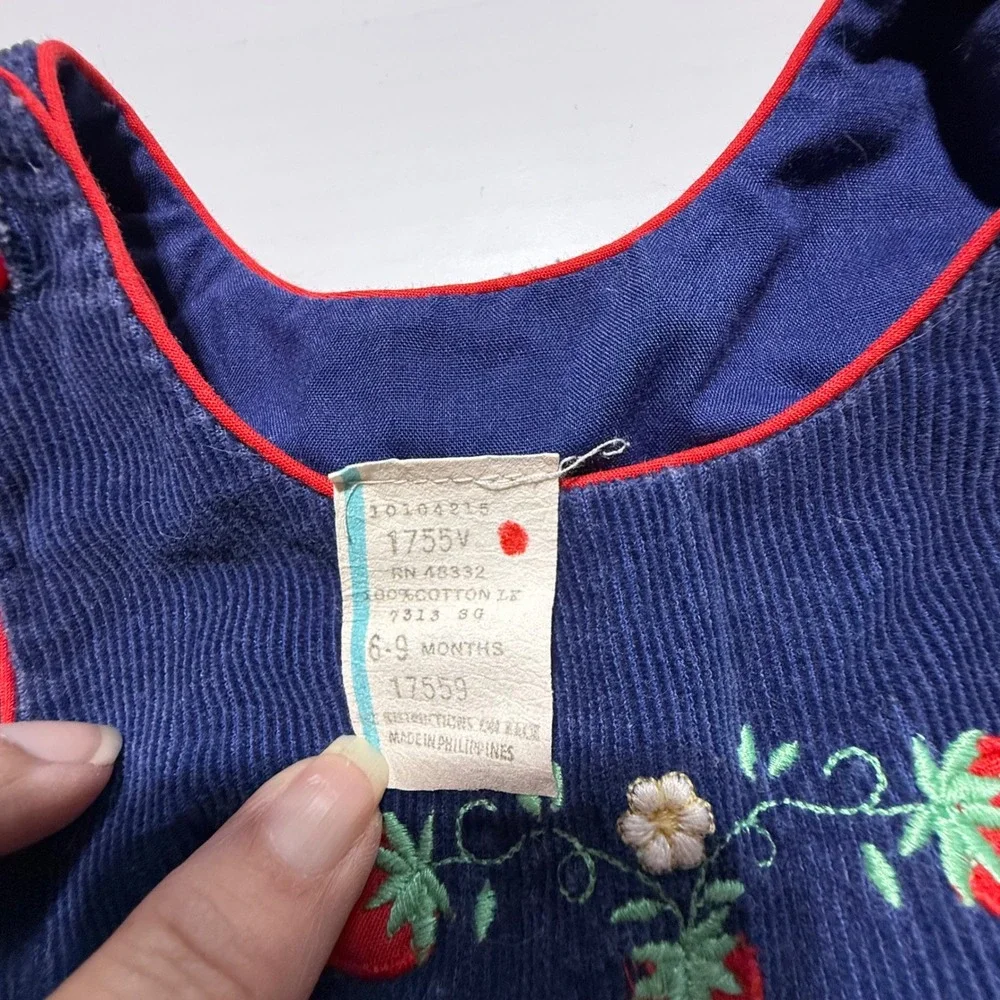Vintage 70s/80s Baby Togs Navy Corduroy Strawberry Overalls Set 6-9 Months